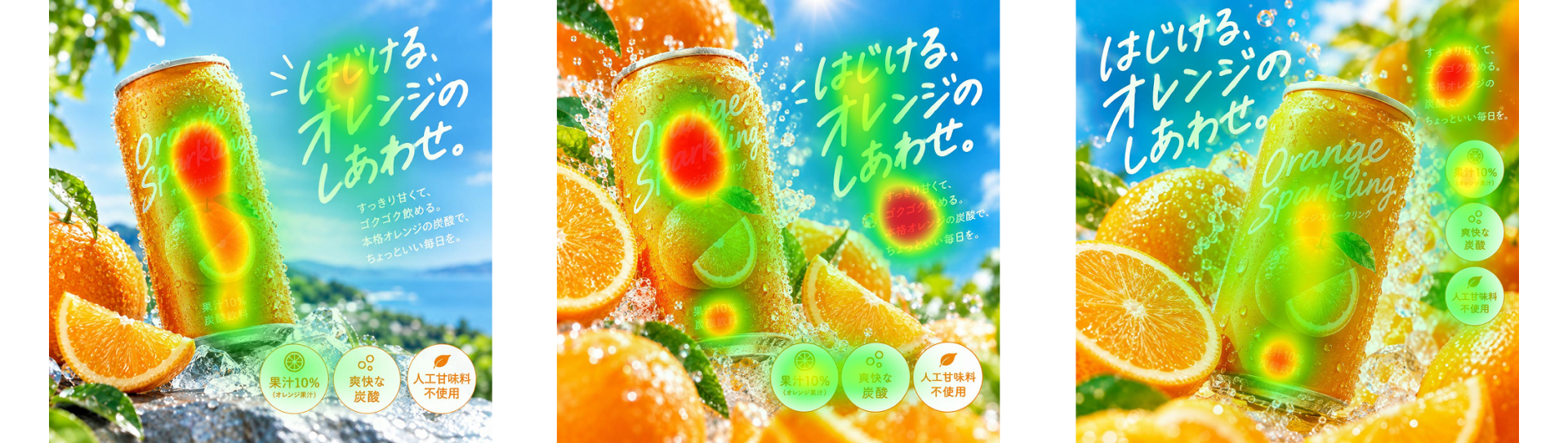 オレンジ炭酸飲料の広告バナー3案に、視線予測のヒートマップを重ねて比較した画像