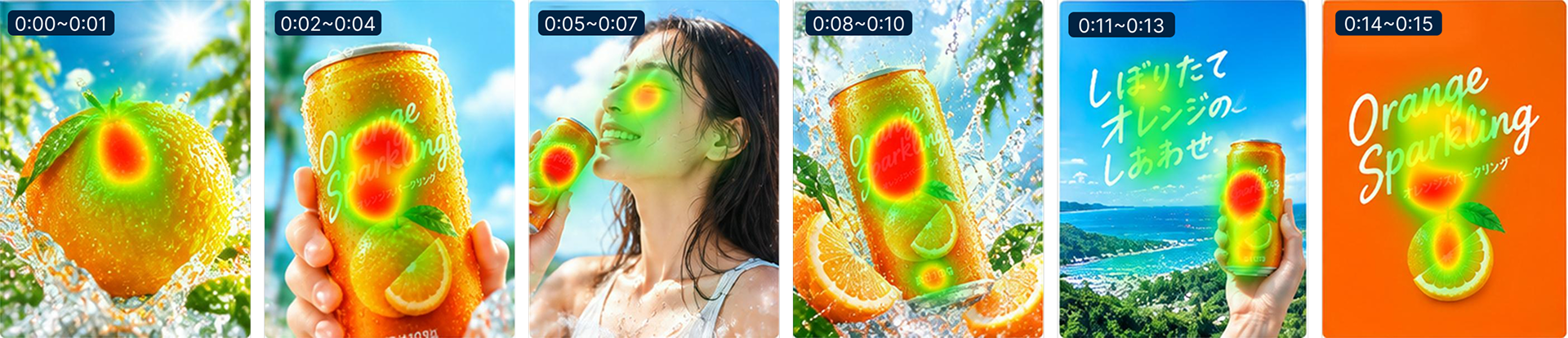 15秒のCM動画を場面ごとに切り出し、それぞれに視線予測のヒートマップを重ねたサムネイル一覧